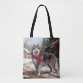 Tote Bag Chien malamué de l'Alaska en Noël de neige (Devant)
