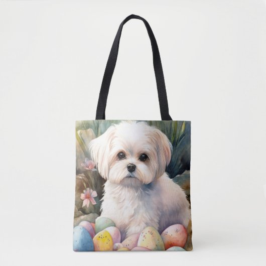Tote Bag Chien maltais avec oeufs de Pâques vacances (Devant)