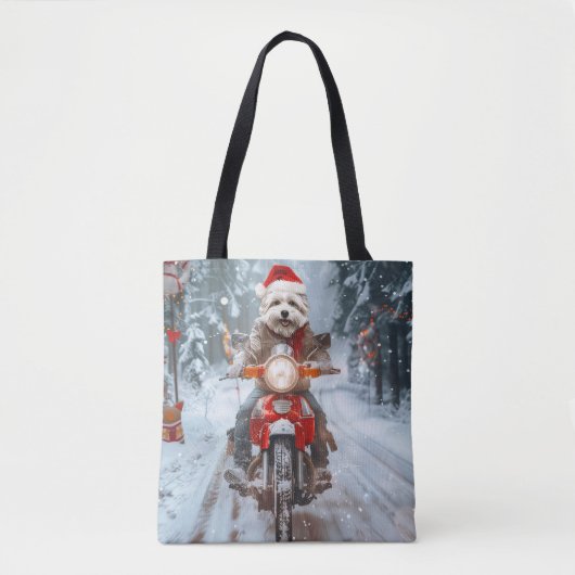 Tote Bag Chien maltais équitation moto Noël (Devant)