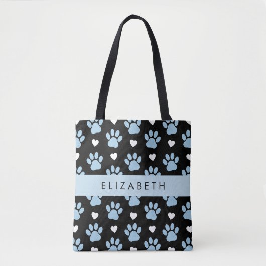 Tote Bag Chien Paws, Blue Paws, White Hearts, Votre Nom (Devant)