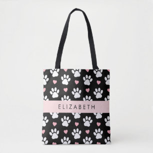 Tote Bag Chien Paws, White Paws, Rose Hearts, Votre Nom