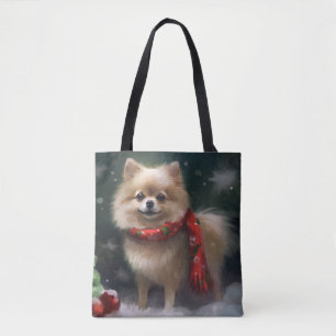 Tote Bag Chien Poméranie dans la neige Noël
