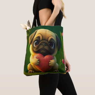 Tote Bag Chien Pug Chiot Coloré Mignon Tenant un Cœur  