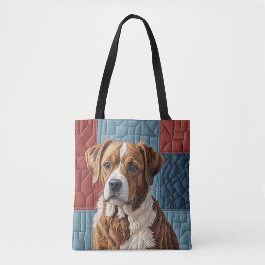 Tote Bag Chien Quilé sur Motif Patchwork (Devant)