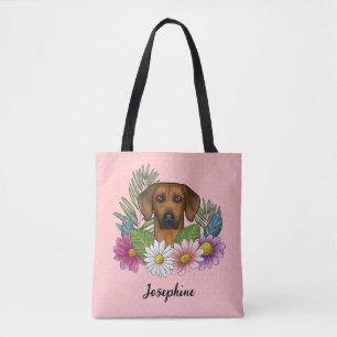 Tote Bag Chien Rhodesian Ridgeback avec fleurs et nom rose