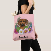 Tote Bag Chien Rhodesian Ridgeback avec fleurs et nom rose (De près)