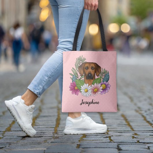 Tote Bag Chien Rhodesian Ridgeback Avec Fleurs Et Nom Rose
