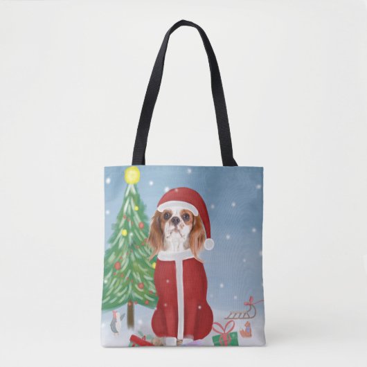 Tote Bag Chien roi Cavalier en neige avec cadeaux de Noël (Devant)