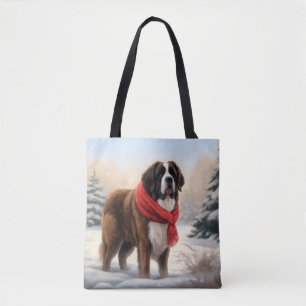 Tote Bag Chien Saint-Bernard dans la neige de Noël