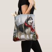 Tote Bag Chien sibérien Husky à Noël de neige (De près)