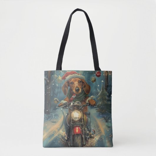Tote Bag Chien teckel à moto Noël (Devant)