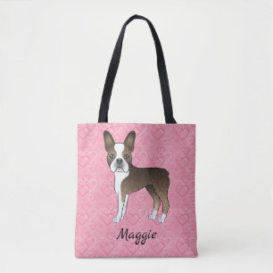 Tote Bag Chien Terrier de Boston Bringé sur des cœurs roses
