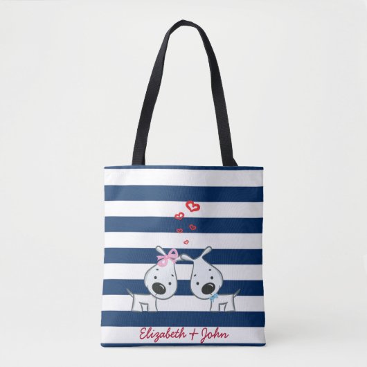 Tote Bag Chiens adorables en amour sur Striped-Personnalisé (Devant)