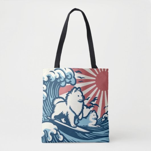 Tote Bag Chiens spitz japonais qui sucent la grande vague (Devant)