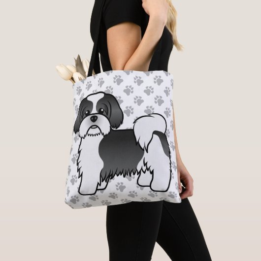 Tote Bag Chih Tzu Cute Cartoon Chien & Paps Noir Et Blanc (De près)