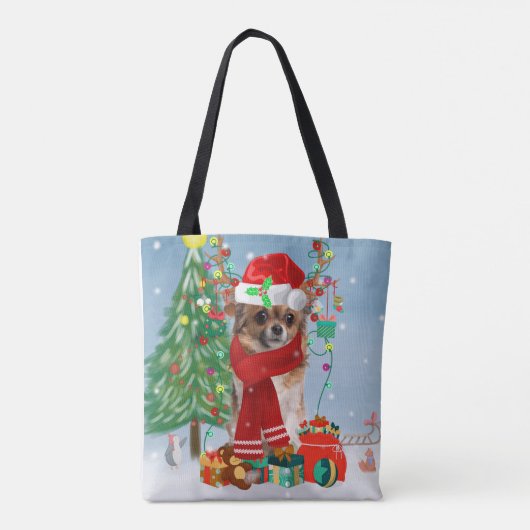 Tote Bag Chihuahua Chien en neige avec cadeaux de Noël (Dos)