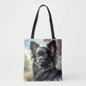 Tote Bag Chihuahua noir à long haïre en aquarelle (Devant)