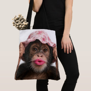 Tote Bag Chimpanzé portant du rouge à lèvres rose