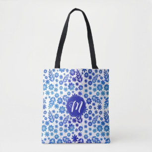 Tote Bag Chine bleue Tiré à la main motif floral & Monogram