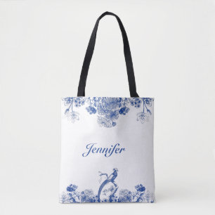 Tote Bag Chine florale bleue et blanche Motif avec oiseaux