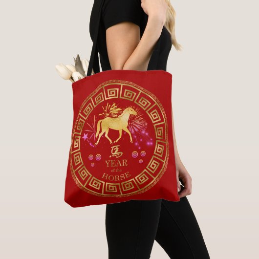 Tote Bag Chinois Zodiac Horse Rouge/Or ID542 (De près)