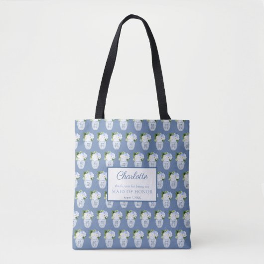 Tote Bag Chinoiserie Bleu Blanc Mariage Monogramme Merci (Devant)