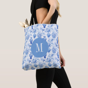 Tote Bag Chinoiserie Bleu & Blanc Vases Florales Monogramme