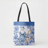 Tote Bag Chinoiserie Blue White Floral Christmas Santa (Devant)