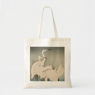 Tote Bag Chinoiserie Héron Blanc Motif de Neige d'Hiver