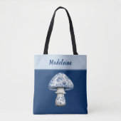 Tote Bag Chinoiserie Mushroom iBlue White on Navy Monogram (Devant)