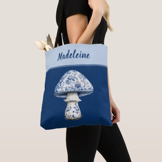 Tote Bag Chinoiserie Mushroom iBlue White on Navy Monogram (De près)