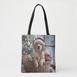 Tote Bag Chiot adorable avec chapeau de Père Noël dans le p