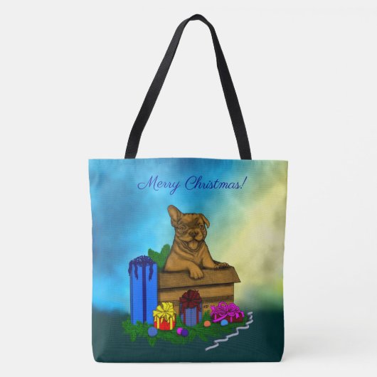 Tote Bag Chiot dans une boîte, Joyeux Noël (Devant)