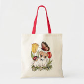 Tote Bag Chiot mignon avec papillon, coccinelle et tulipes (Devant)