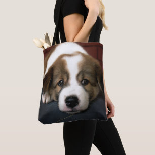 Tote Bag Chiot mignon de brun et de blanc