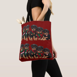 Tote Bag Chiots Rottweiler Joyeux Noël Portant une Écharpe
