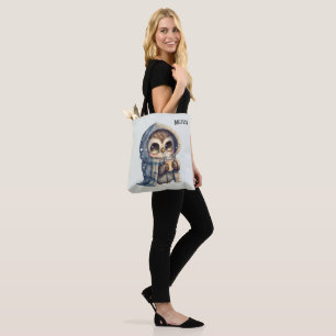 Tote Bag Chouette à gros yeux mignonne tenant un café