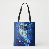 Tote Bag Chouette Abstraite lunaire bleu vert fleurs floral (Devant)
