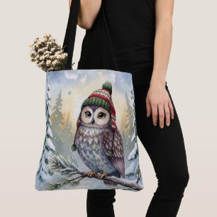 Tote Bag Chouette aquarelle dans un chapeau d'hiver