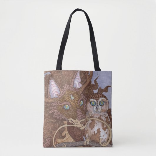 Tote Bag Chouette aux yeux clairs et dragon (Devant)