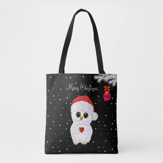 Tote Bag Chouette blanche de Noël sur noir (Devant)