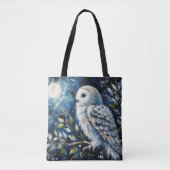 Tote Bag Chouette blanche sur branche dans la peinture lune (Devant)