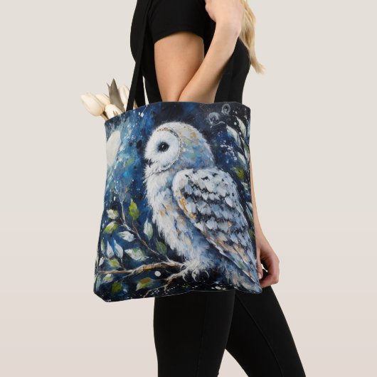 Tote Bag Chouette blanche sur branche dans la peinture lune (De près)