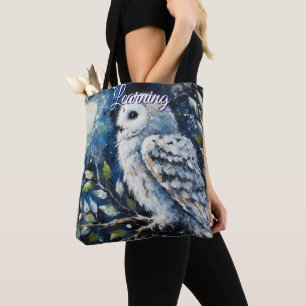 Tote Bag Chouette blanche sur branche dans la peinture lune