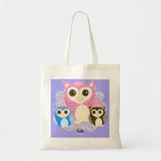Tote Bag Chouette Brown, Chouette Bleue Et Chouette Rose (Devant)