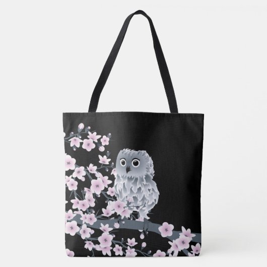 Tote Bag Chouette Cute Et Fleurs De Cerisiers Rose Noir (Devant)