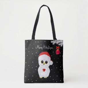 Tote Bag Chouette de Noël blanche sur fond noir