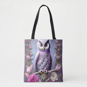 Tote Bag Chouette d'Imaginaire détaillée sur un lit d'épine
