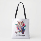 Tote Bag Chouette et Roses d'aquarelle florale (Devant)