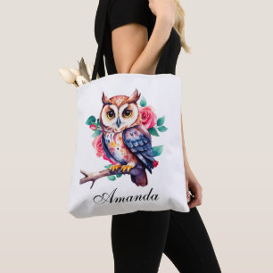 Tote Bag Chouette et Roses d'aquarelle florale
